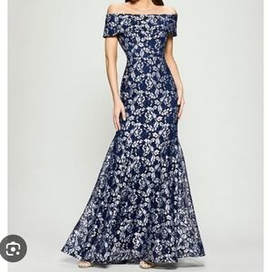 Betsy & Adam Off Shoulder Floral Lace Gown